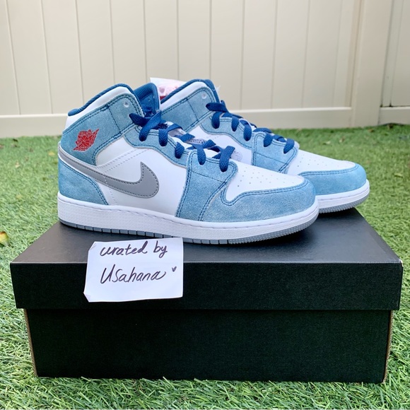 Nike Air Jordan 1 Mid GS white blue grey shoes - Picture 5 of 5